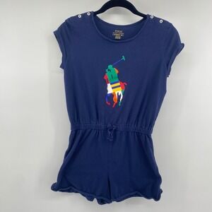 Polo Ralph Lauren Romper Girls XL 16 Navy Blue Big Pony Multi Color Logo Sporty
